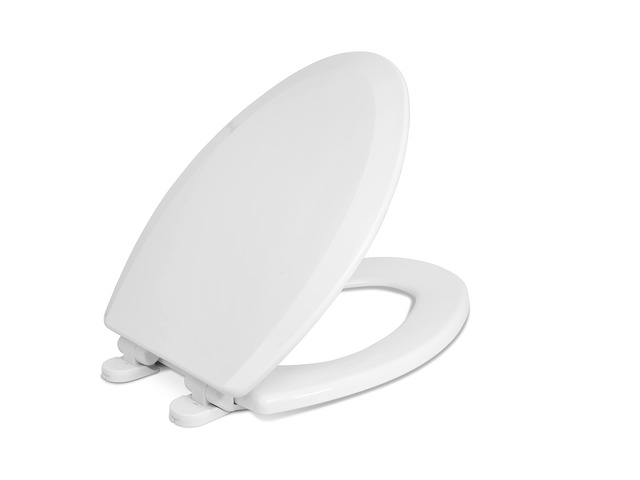 Elongated Toilet Seat, Slow Close, Wood Core/Plastic Finish, White Heavy-Duty Wood Core with Plastic Scratch-Resistant Finish, Chrome Hinge, Made...