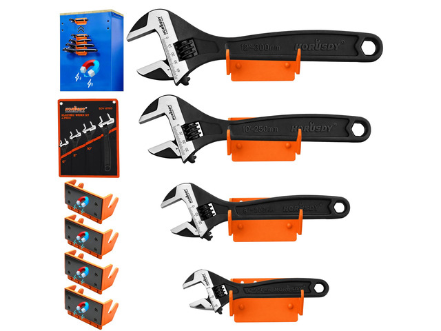 4-Piece Adjustable Wrench Set With 4-Piece Magnetic Wrench Organizer Racks, 6' 8' 10' Wide Jaw Black Oxide Wrenches with Tool Roll Pouch,...