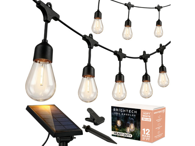 Ambience Pro Solar Powered Outdoor Patio String Lights - Commercial Grade 27 Ft Waterproof with 12 Edison Bulbs, Shatterproof LED - 2W, Soft White