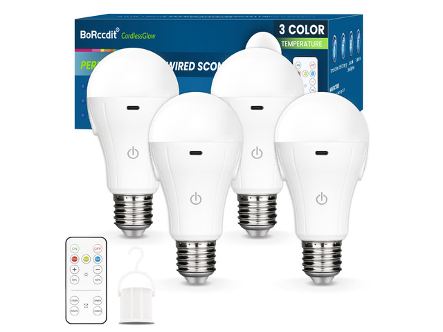CordlessGlow 15W A19 Rechargeable Light Bulbs with Remote, 3 Color Temperatures + Dimmable Battery Powered Light Bulbs,up to 24 Hours