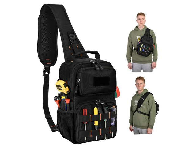Tactical Electrician & HVAC Tool Chest Bag, 3-Point Harness Black Small Tool Pouch,1680D Oxford Water-Resistant, 15 Pockets, 8L, Padded Adjustable...