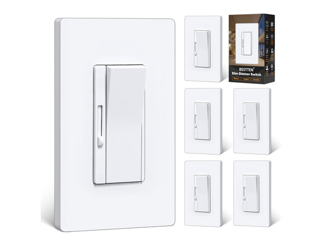 6PK Slim Dimmer Light Switch, Single Pole or 3 Way Dimmable Switch ETL Listed, Max 300W LED, CFL, 600W Incandescent, Quiet Rocker, Screwless Wall...