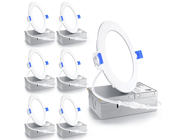 6 Pack 4 Inch 6000K Dimmable Canless Wafer LED Recessed Light 5%-100% Dimmable, 6000K Clear White, 750LM 9W 120V, ETL & FCC & UL Certified, IC &...