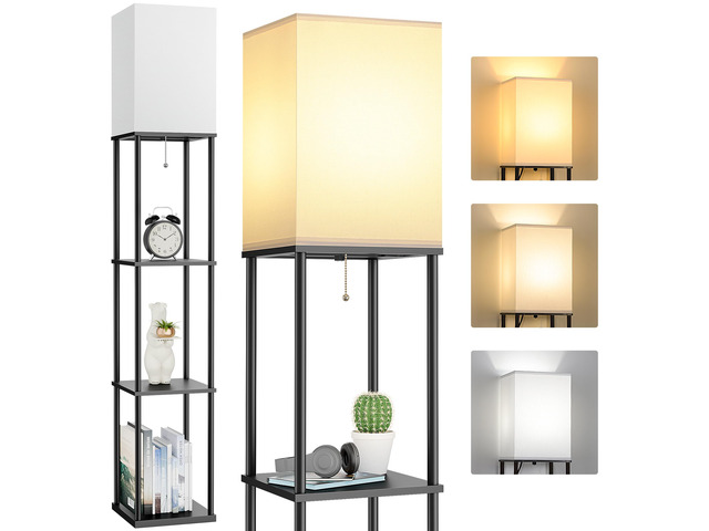 Floor Lamp with Shelves, 3-Tier Modern Square Bookshelf Standing Lamp Black 3 Color Temperature Bulb Included, Pull Chain Tall Lamp for Living Room...