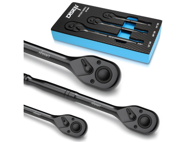 3PCS Black Ratchet Wrench Set, 1/2', 3/8', 1/4' Drive 90-Tooth Drive 90-Tooth Drive Ratchet Socket Wrench, Black Oxide Finish with Reversible Quick...