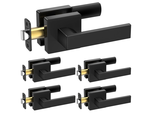 5PK Matte Black Door Handles Interior, Reversible Square Door Levers Knob for Hallway, Bedroom, Bathroom (No Lock, 5PK Passage)