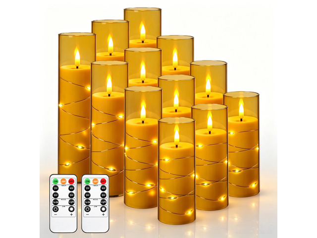 12 Pack Champagne Flameless Taper Candles, Flickering Black Wick LED Candles with Copper Wire Lights, Heat Resistant ABS with 2 Remotes, Assorted...