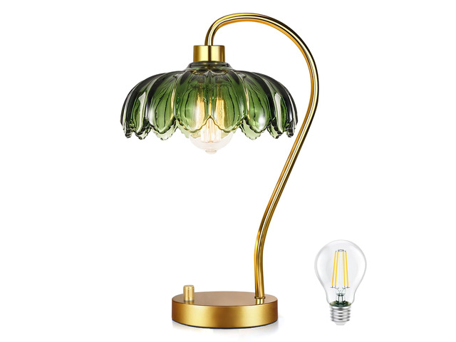 Flower Table Lamp for Bedroom Living Room,Small Gold Bedside Lamps Dimmable Boho Bedroom Lamp with Glass Green Lamp Shade,Vintage Mid Century...