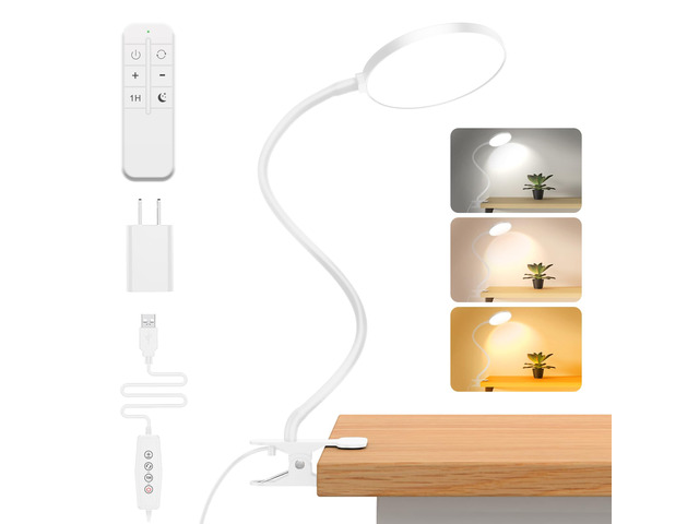 Reading Light with Remote, LED Desk Lamp Clip on [1H Timer & Nightlight] RA>95 Dimmable Flexible Gooseneck, Reading Lamp with Clamp for Table -...