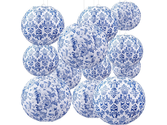 12 Pcs Chinoiserie Paper Lantern 10' Blue and White Porcelain Print Hanging Lanterns for Classroom Birthday Wedding Ceiling, Back to School Party,...