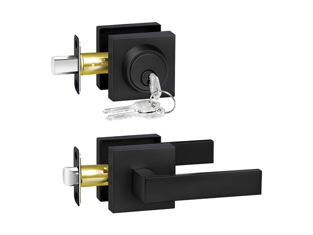 Exterior Door Lock Set, Door Locks for Front Door with Single Cylinder Deadbolt Lock, Matte Black Flat Square Passage Keyed Alike Entry Door...
