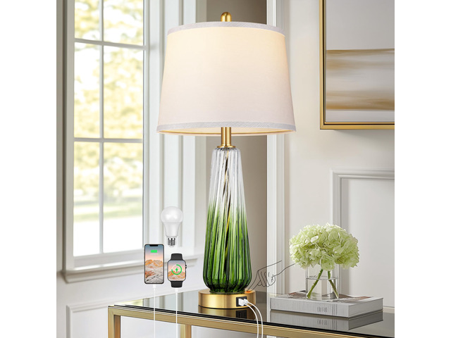 Modern Glass Table Lamps, 27.5' Bedside Lamps for Bedroom, Green, 1 Pack 2 LED 3-Way Dimmable Bulb Included, Touch Control, USB A+C Charging Ports,...