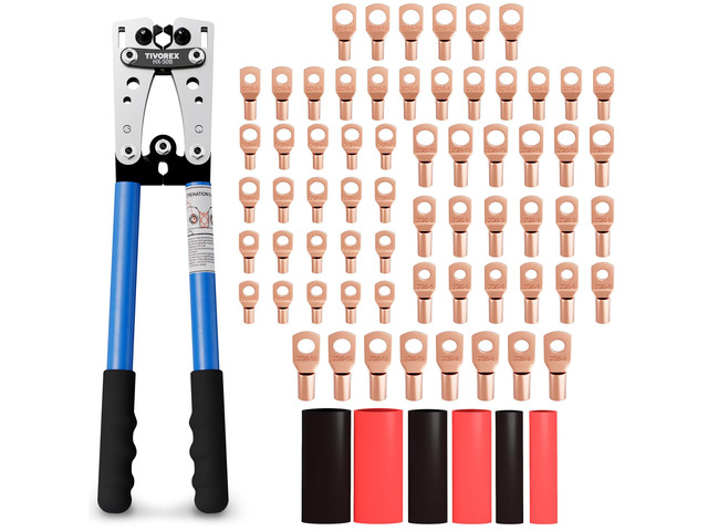 Battery Cable Crimper for AWG 10-1/0, Electrical Lug Crimper with 64pcs Ring Terminals and 110pcs Heat Shrink Tubing