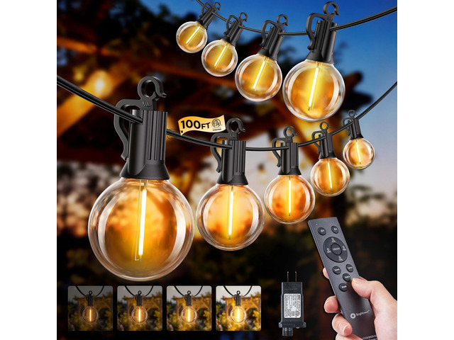 100FT 31 Bulbs Outdoor String Lights with Remote & Dimmable IP65 Waterproof String Lights, G40 Shatterproof Connectable Patio Light for Backyard...