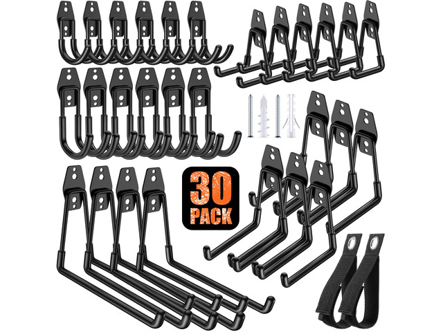 MKRUI 30-Pack Garage Hooks for Storage & Hanging Items, Save Space Hangs Bikes, Ladders, Ropes, Hoses, Tools; for Garage, Warehouse, Shop, Shed, Yard