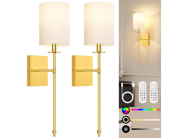 Battery Operated Wall Sconces Set of 2, Rechargeable Sconces with Remote Gold Wall Lights with White Fabric Shade, Dimmable Wireless Wall Lamp with...
