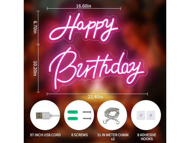 Happy Birthday Neon Sign, Pink LED for Birthday Party Backdrop 22x16.9 Inch Happy Birthday Light Up Sign for Party,Bedroom,Reunion