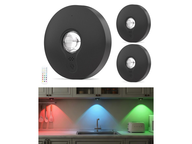 RGB Rechargeable Puck Lights with Remote Control, 1500mAh Battery Operated Tap Lights, Dimmer & Timer Under Cabinet, Wireless LED Stick-On for...
