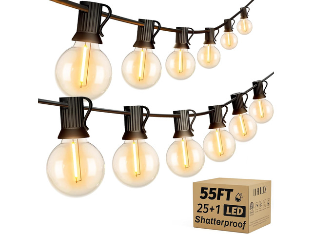Outdoor String Lights, 55FT Shatterproof LED Patio Lights with 26 Dimmable Plastic G40 Bulbs, 2200K Waterproof Connectable Hanging String for...