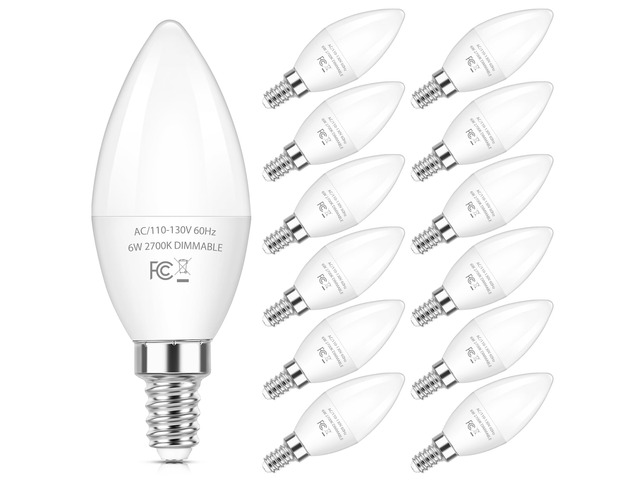 E12 LED Bulbs, 6W Dimmable Chandelier Light Bulbs for Small Base C37 Candelabra Light Bulbs for Ceiling Fan Pendant Lights,2700K Warm White,12-Pack