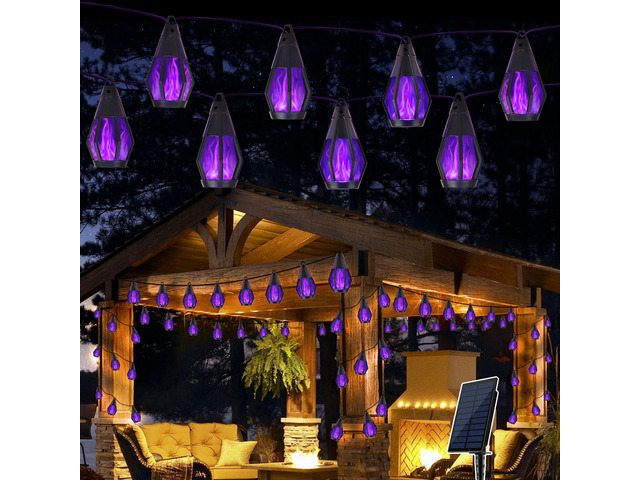 Solar String Lights for Outside, 33Ft Solar Patio Light with 15 Flickering Flame Light Bulbs, Waterproof Purple Halloween Lights for Garden Yard...