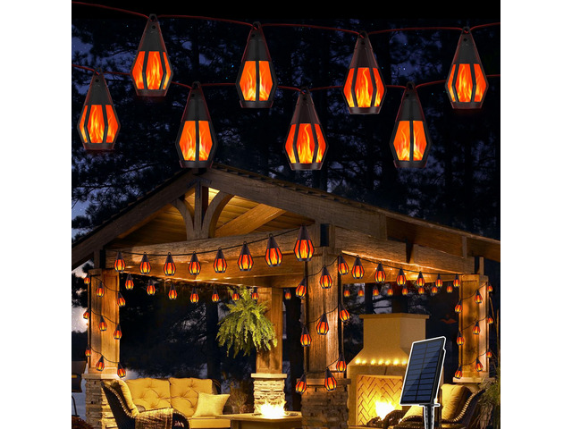 Solar String Lights for Outside, 33Ft Solar Patio Light with 15 Flickering Flame Light Bulbs, Waterproof Red Halloween Lights for Garden Yard Patio...