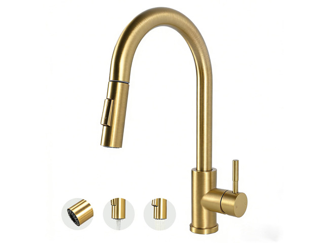 Gold Kitchen Faucet with Pull Down Sprayer, High Arc Stainless Steel Sink Faucet, Brushed Gold Bar Faucet Fit for 1 Hole Sink, Easy Install for...