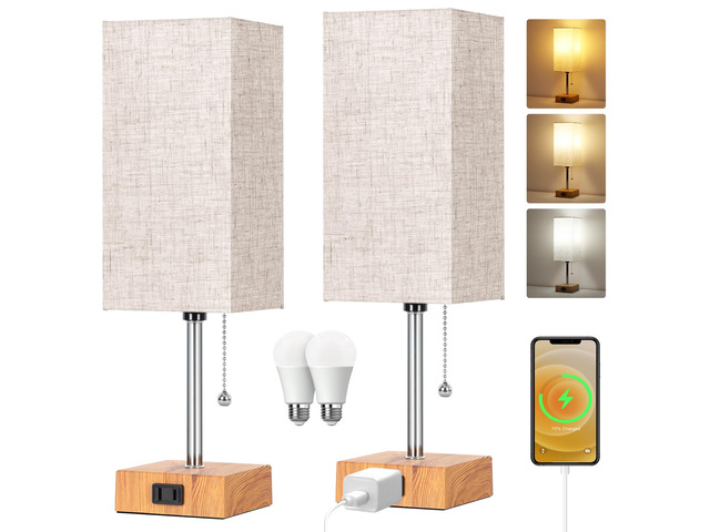 Table Lamp for Bedroom set of 2,3-Color Bedside Lamps with Pull Chain Wood Table Lamps for Nightstand with AC Outlets,Small Night Light Lamps with...