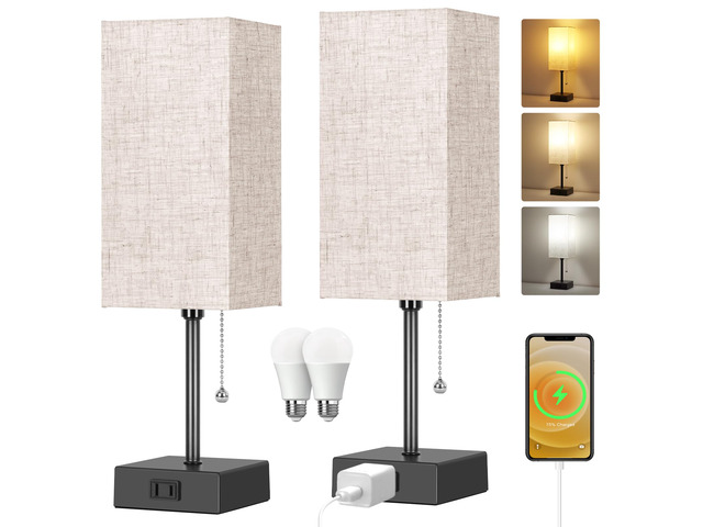 Table Lamp for Bedroom set of 2,3-Color Bedside Lamps with Pull Chain Table Lamps for Nightstand with AC Outlets,Night Light Lamps for Living Room...