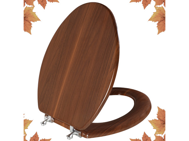 Wood Toilet Seat with Zinc Alloy Hinges (Elongated, Walnut) Elongated Toilet Seat, Anti-Pinch Bumpers, Adjustable Hinges, Easy to Install and Clean