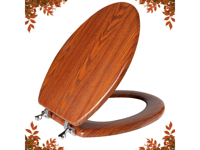 Wood Toilet Seat with Zinc Alloy Hinges (Elongated, Brownish Yellow) Elongated Toilet Seat, Anti-Pinch Bumpers, Adjustable Hinges, Easy to Install...