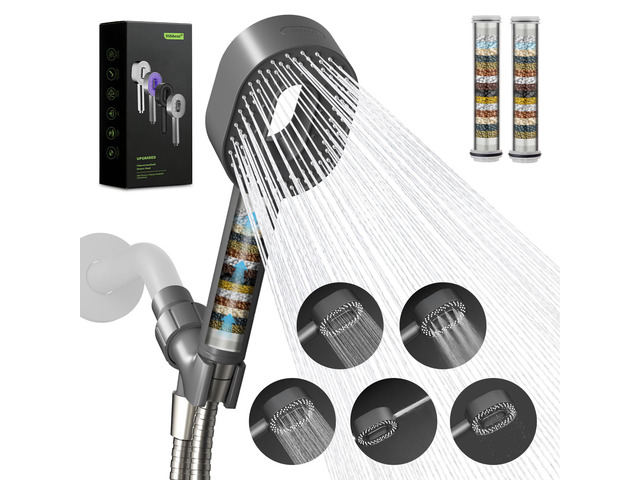 Filtered Handheld Showerhead with 3 Filters, 5 Sprays Shower Head Gray High Pressure Shower Heads, Brass Holder & 71' Metal Hose, Water Soft Filter...