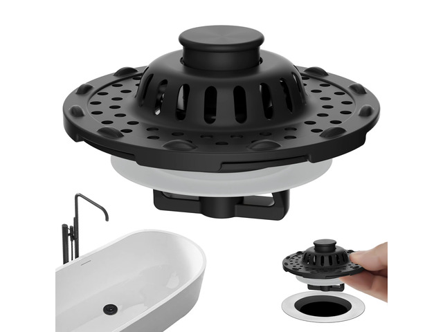 Universal Bathtub Drain Stopper All Metal Top Hair Catcher, Matte Black Shower Drain Tub Stopper with Stainless Steel Visible Filter Basket,...