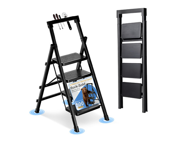 4 Step Ladder with Handrail Folding Step Stool with Tool Tray 500LBS Capacity Sturdy Carbon Steel Frame Anti-Slip Stripe Pedal for Home Kitchen...