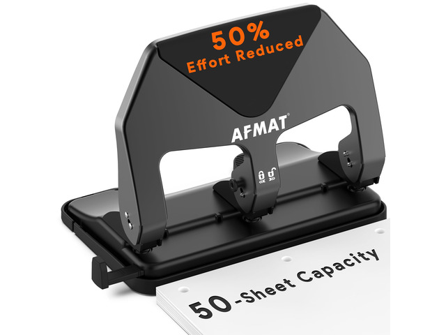 Heavy Duty 3 Hole Punch, 50-Sheet Capacity, 50% Reduced Effort Three Hole Puncher for Binder, 10K+ Uses, Large Chip Tray, Adjustable Paper Guide,...