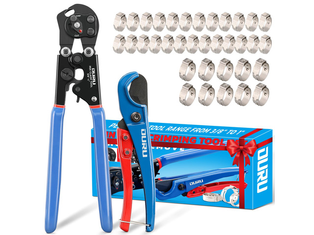 PEX Crimping Tool Kit, Cinch & Remove, 3/8' to 1',PEX Cutter & Clamps 2 IN 1 Ratchet Crimp Tool, Non-Slip Grip, Includes Stainless Steel Pex Clamps...
