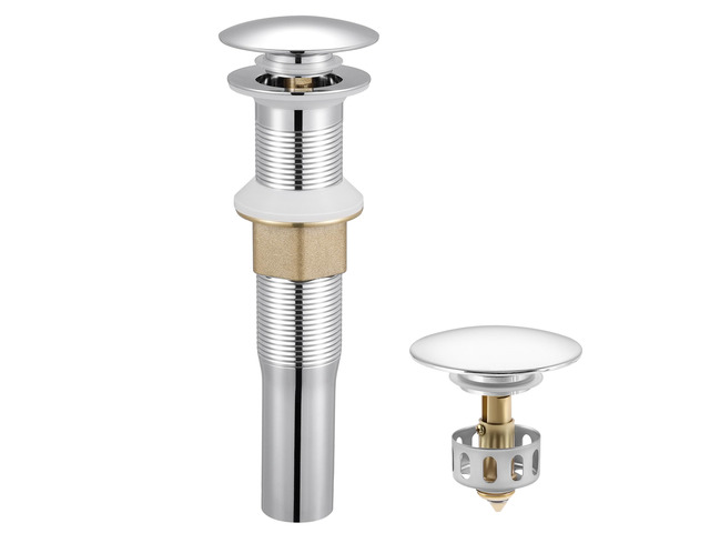 Bathroom Sink Drain with Strainer Basket Hair Catcher Anti Clog Pop Up Drain Stopper Vanity Vessel Sink Without Overflow, Polished Chrome S2013D-CH