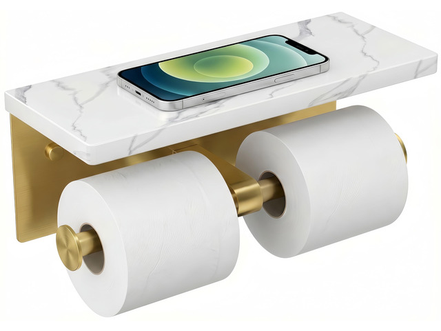 Double Marble Toilet Paper Holder with Phone Shelf, Commercial Brushed Gold Wall Mount 304 Stainless Steel Bathroom Tissue Roll Dispenser, Modern...