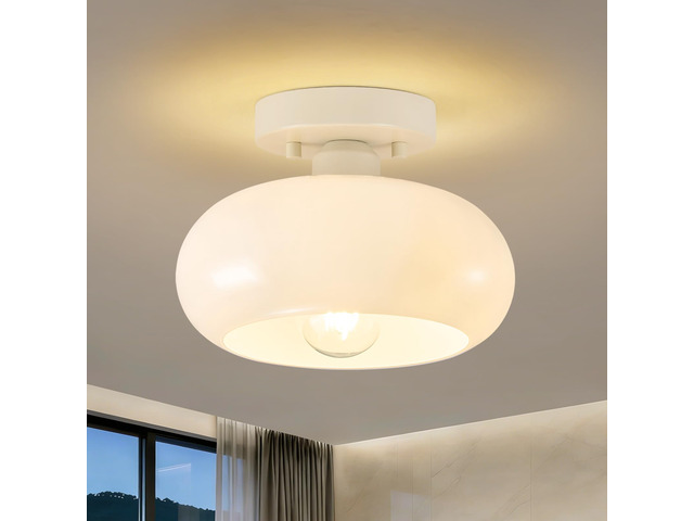 Mid-Century Modern Cream White Semi Flush Ceiling Light 8.66 Inch Mini White Glass Shade Close to Ceiling Lighting Fixture For Kitchen Entryway...