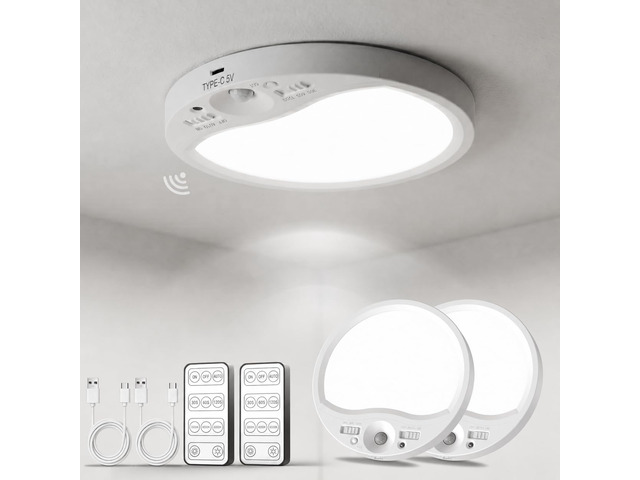 Motion Sensor Rechargeable Ceiling Light Indoor with Remote, 2 Pack Wireless LED Shower Light, 8000mAh Battery Long Lasting Closet Light, 3 Color...