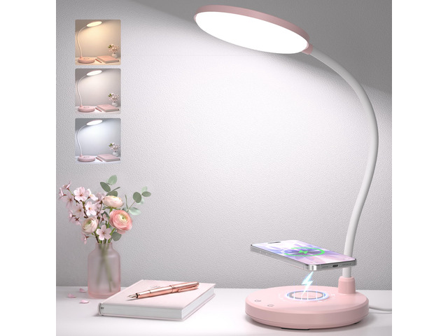 Pink Desk Lamp, Cute Desk Lamp for Girls, Wireless Charger, Dorm 3 Color Modes, Stepless Dimming Desk Light, 360°Flexible Neck Table Lamp for...