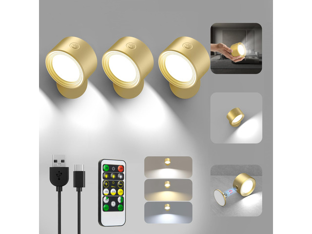 LED Wall Mounted Lights with Remote, Rechargeable Wall Sconces 3 Pack, 3000mAh Battery Cordless Wall Lamp, 3 Color Temps Dimmable Touch, Magnetic...