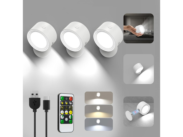 LED Wall Mounted Lights with Remote, Rechargeable Wall Sconces 3 Pack, 3000mAh Battery Cordless Wall Lamp, 3 Color Temps Dimmable Touch, Magnetic...