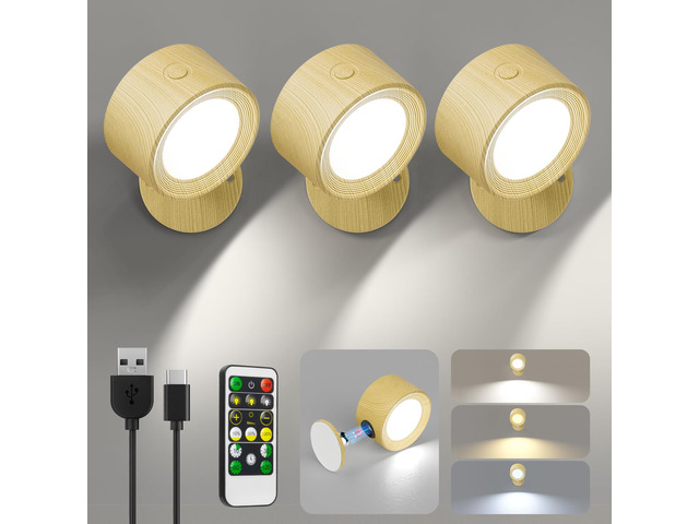 LED Wall Mounted Lights 3 Pcs with Remote, Wall Sconces Lamp 3000mAh Rechargeable Battery Operated, 3 Color Temperatures & Dimmable Magnetic 360°...