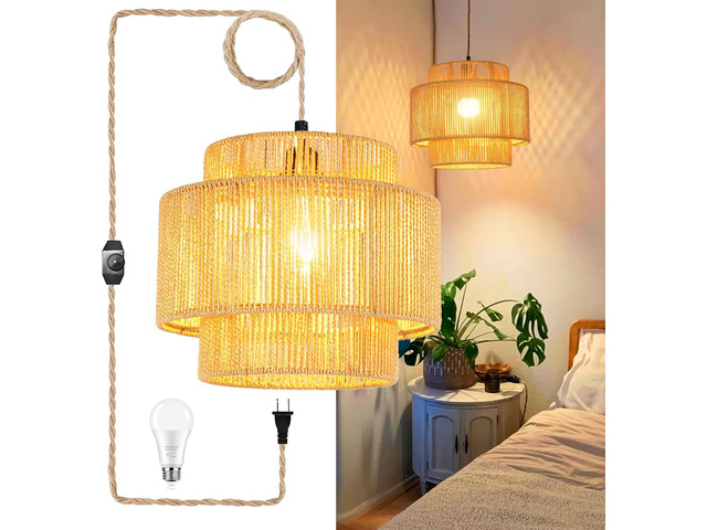 Plug in Pendant Light Hanging Lights with Plug in Cord Boho Hanging Lamp Dimmable,Rattan Wicker Woven Bamboo Lamp Shade, Plug in Ceiling Light...