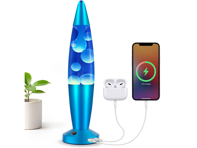Beautiful Liquid Lamp with USB Ports,16' Motion Light with Blue Liquid White Wax, Relaxing Nightlight, Mood Light for Bedroom, Living Room, Office...