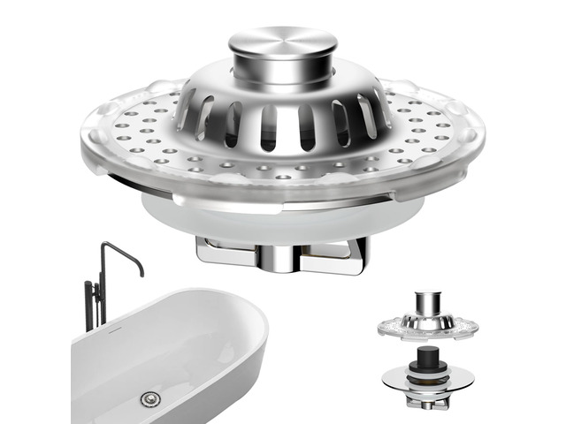 Universal Bathtub Drain Stopper, Metal Top Strainer Hair Catcher, Chrome Shower Drain Tub Stopper with Stainless Steel Visible Filter Basket,...