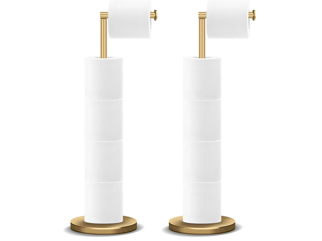 Toilet Paper Holder Stand, Bathroom Free Standing Toilet Paper Holder with Reserve Storage 3-4 Toilet Paper Rolls (Golden) (Pack of 2)