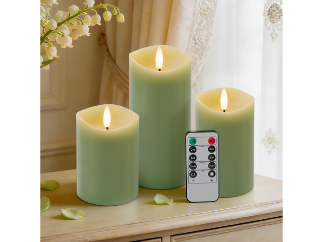 Pastel Green LED Real Wax Made Flameless Battery-Operated Pillar Candles Flameless Candles with Remote and Timer 3D Flickering Flame, Melted Edge,...