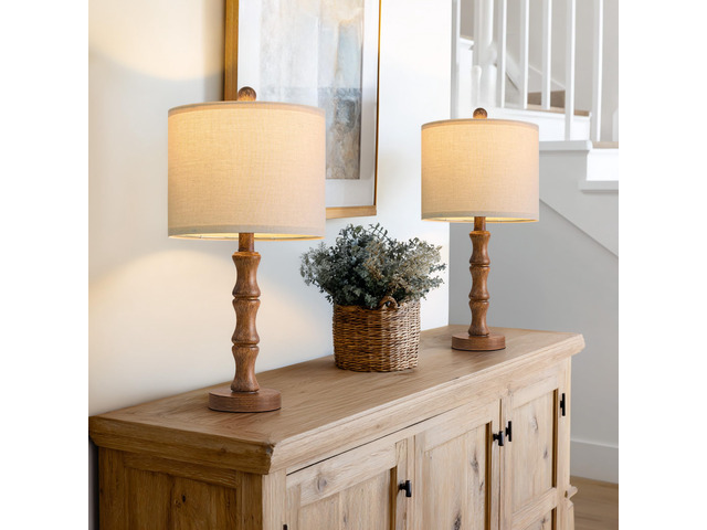 20.5' Rustic Table Lamps Set of 2, Farmhouse Nightstand Lamp with Wood Grain Resin Base & Linen Shade, Small Bedside Lamp for Bedroom, Living Room...